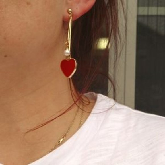 Gold Red Heart Pearl Long Dangle Earrings - Picture 6 of 6